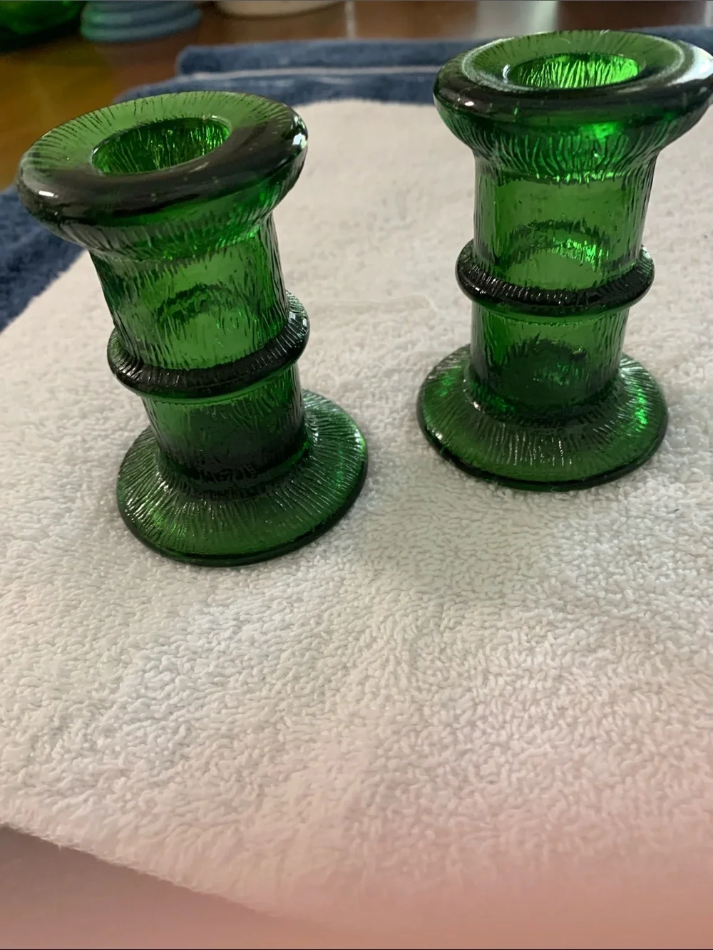 Set of 2 Crinkle Green Glass Taper Candle Holders - approximately 3 1/4 inches